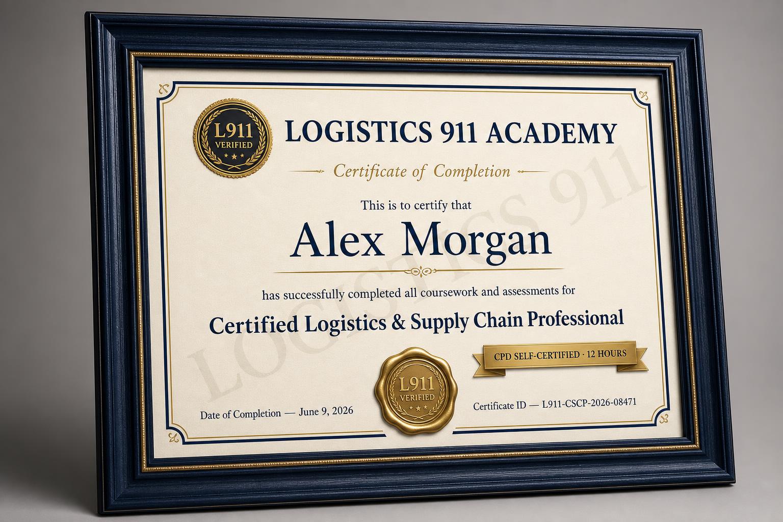 Example Logistics 911 Academy certificate of completion, framed with gold seal and CPD self-certified badge